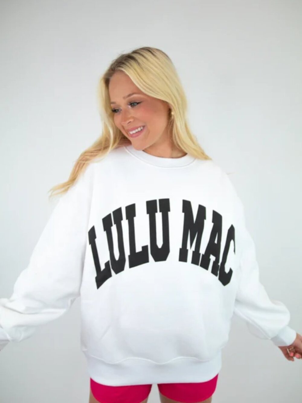 New. White Lulu Mac crewneck puff sweatshirt with black lettering.